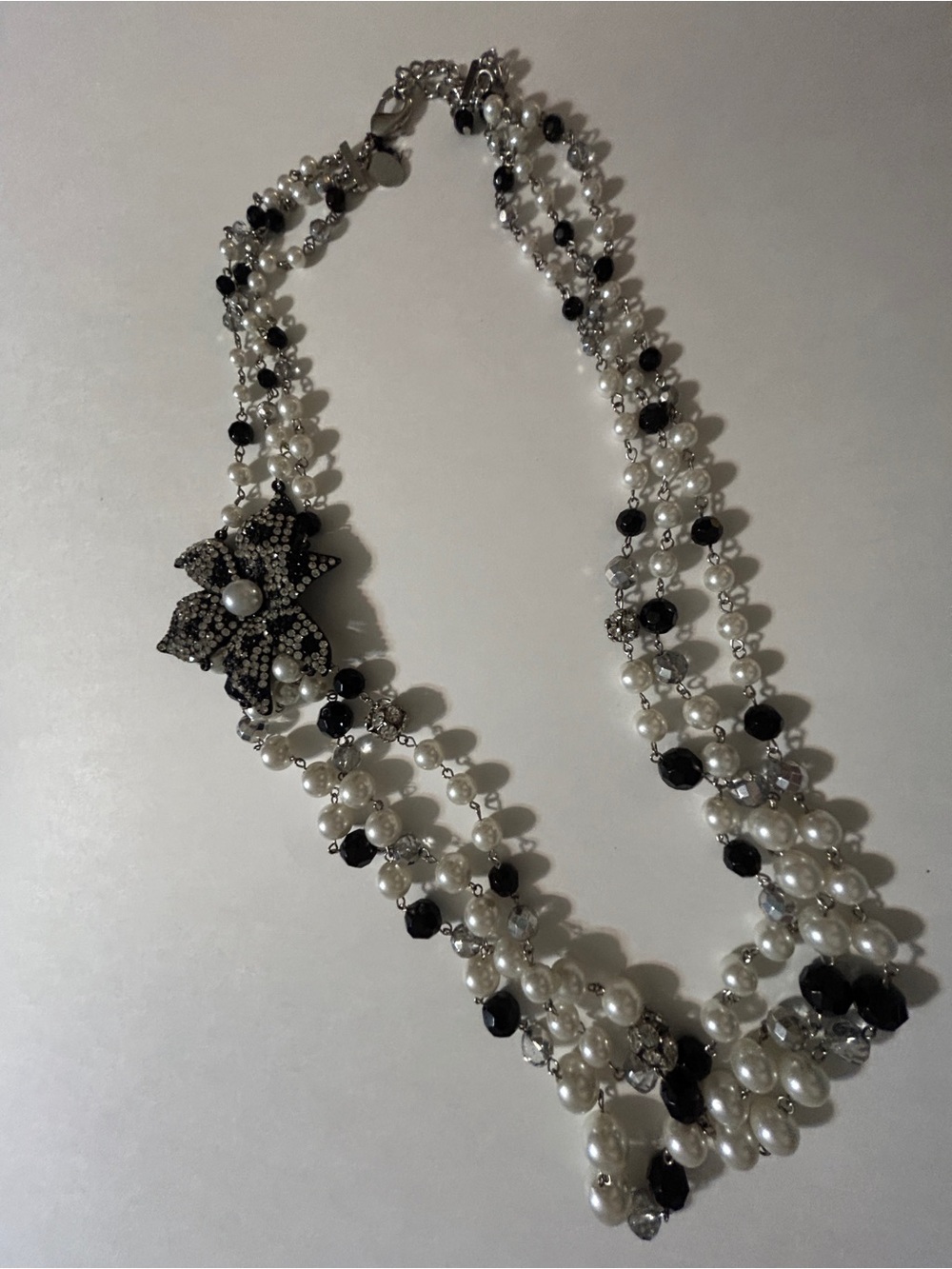 White House Black Market Multi Strand Pearl Crystal Rhinestone Flower Necklace